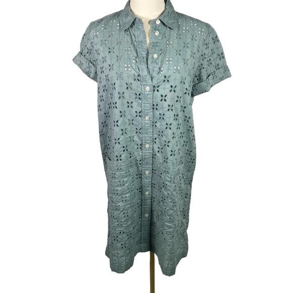 GAP XXS Blue Eyelet Shirt Dress Button Front‎ Short Sleeve Preppy Coquette - Picture 1 of 16